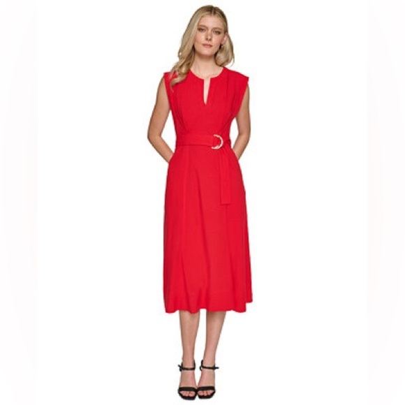 Karl Lagerfeld Vibrant Red Belted Cotton midi A line Dress 4 - Picture 1 of 5